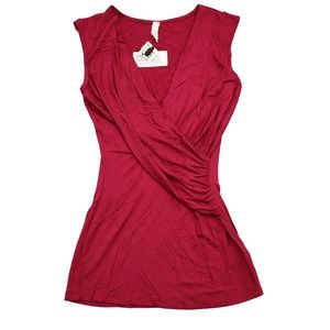 CY Shirt Womens S Dark Pink Sleeveless VNeck Pleated Stretch Pullover Blouse